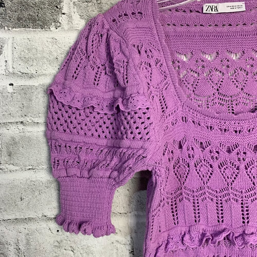 Zara Pointelle Knit Crochet Puff Sleeve Scoop Nec… - image 4